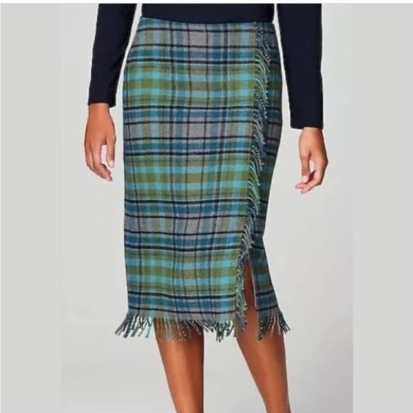 J.Jill Green & Blue Plaid Wool Blend Tartan Fringe Knee Length Skirt NWT 16 - Picture 1 of 13